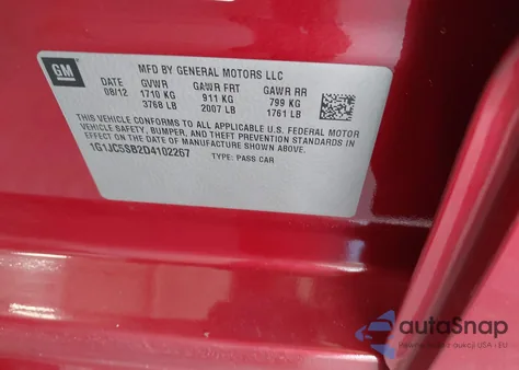 2013 Chevrolet Sonic Lt Auto z USA, uszkodzony, nr VIN 1G1JC5SB2D4102267